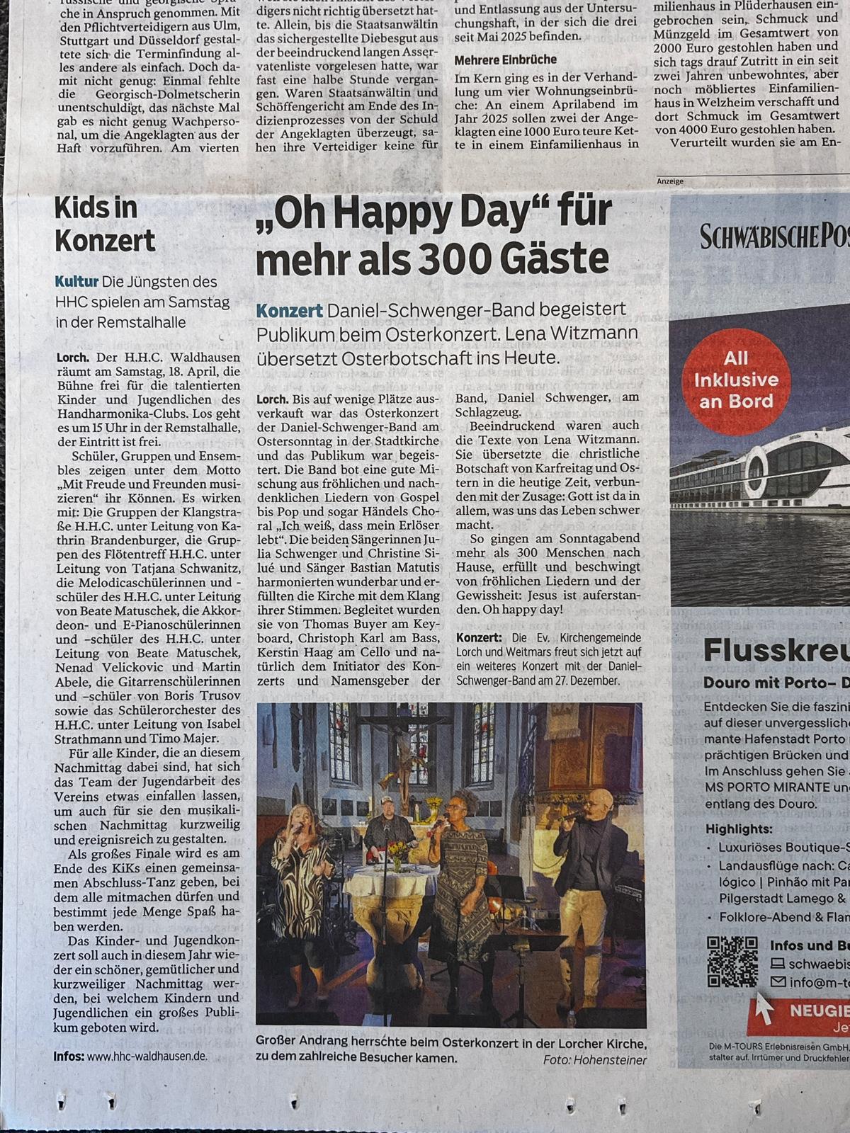 Zeitungsartikel Gmüder Tagespost Osterkonzert 2026 Daniel Schwenger Band Lorch